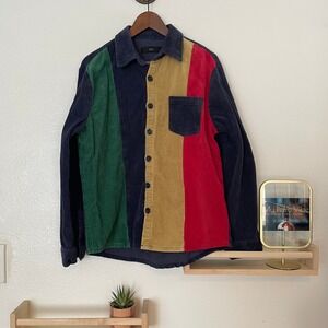 Juny Colorblock Corduroy Button Down Shirt Navy Red Yellow Mens Large